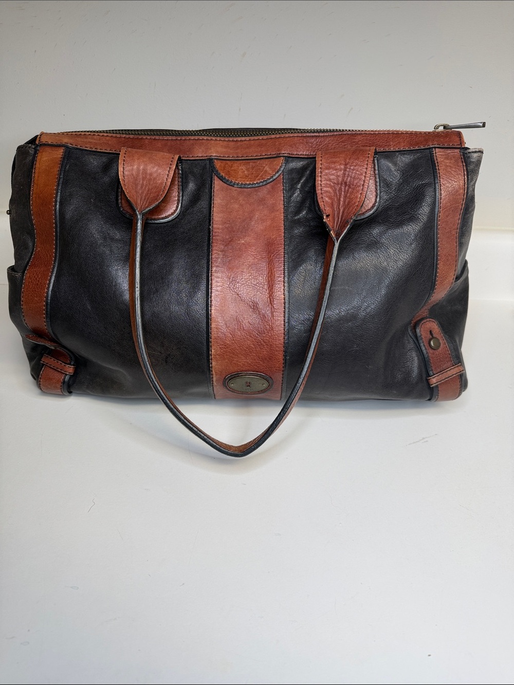 Fossil Black & Brown Leather Tote Bag Large Distressed Turnlock Western Style